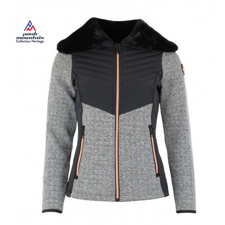 Veste hybride multi-matières femme avec col fausse fourrure , zips cuivrés