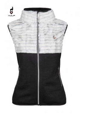Gilet sans manche femme tri-matière noir/blanc avec fausse fourrure 